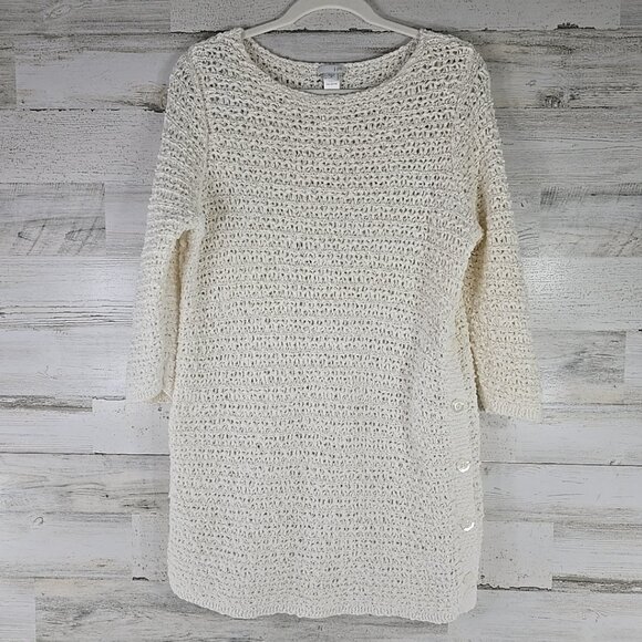 J JILL WHITE OPEN KNIT SIDE BUTTON SWEATER WOMEN'S SIZE MEDIUM 3/4 SLEEVE *EUC*. - Picture 2 of 16